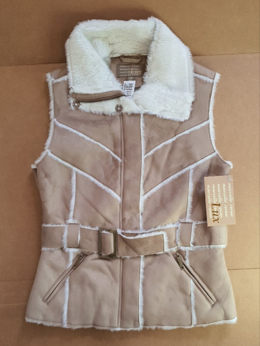 Mercelle Renee Faux Shearling Trim Taupe Vest - M NWT